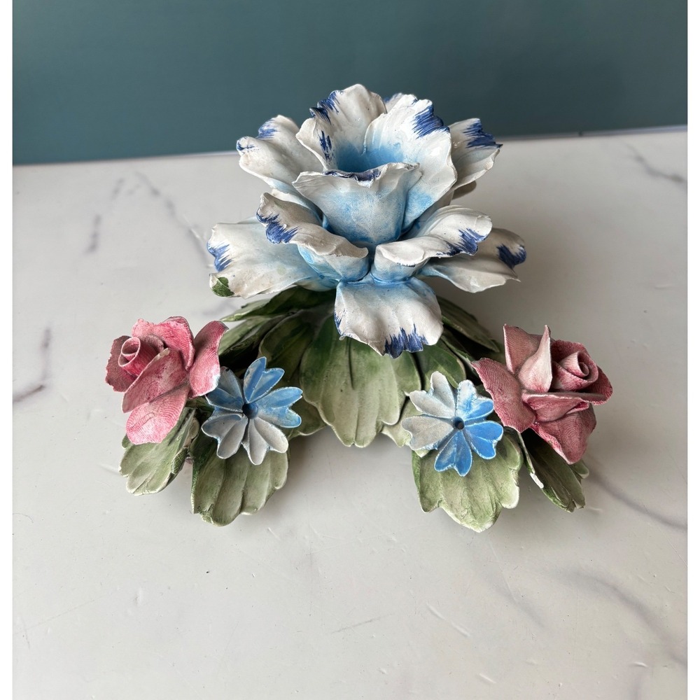 Capodimonte Italy Porcelain Floral Sculpture Taper Candle Holder Rose Figurine
